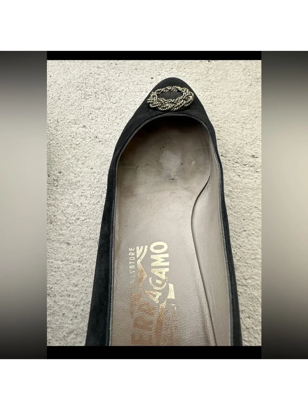 Vintage Ferragamo Black Flats with Gold Accents
